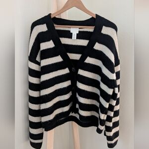H&M Women's Black and White Striped Cardigan Sweater, Sz M